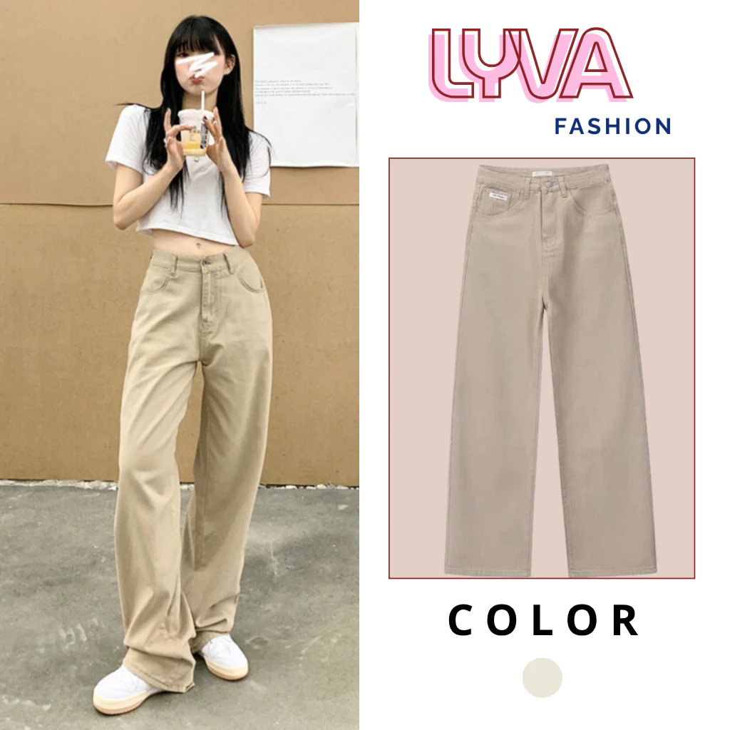 Quần suông nữ màu vàng kem (be), Quần kaki jean ống rộng đứng cạp cao ULZZANG basic - LyVa Fashion