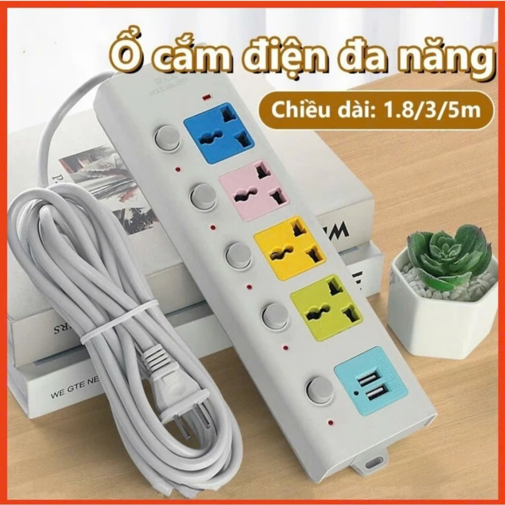 Ổ Cắm Điện USB Đa Năng Cao Cấp Chống Giật Dây Dài 4m Công suất 2500W, 2 Cổng Cắm USB Có Chốt An Toàn