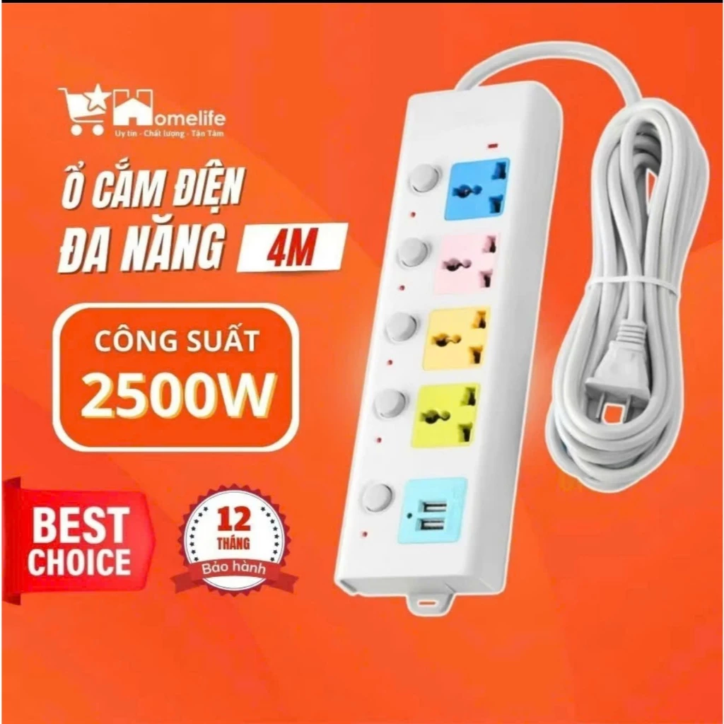 Ổ Cắm Điện Đa Năng Dây Dài 4m Có Chốt An Toàn, Ổ Điện Nhiều Lỗ Công Suất 2500W Chống Giật, Cổng USB