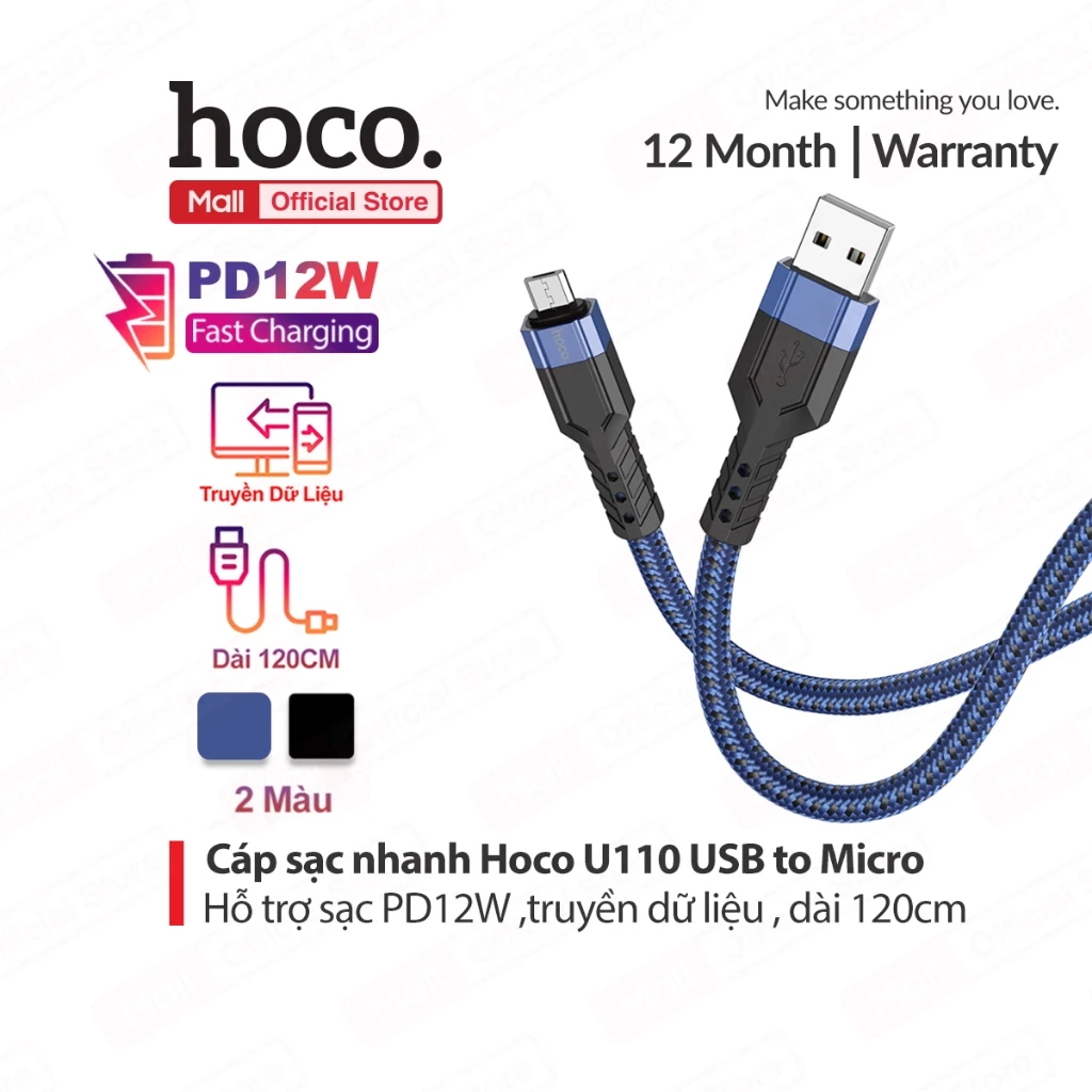 Cáp sạc nhanh PD12W USB to Micro Hoco U110 dùng cho Android/Samsung/Oppo, dây dù chống gãy gập dài 120cm