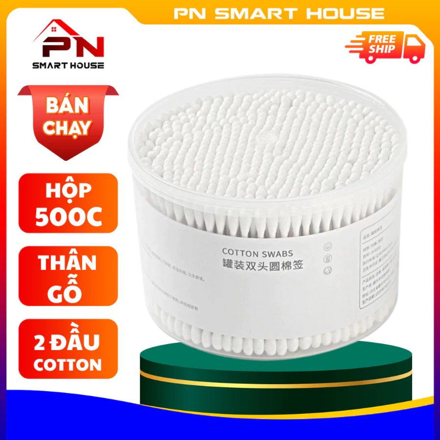 Hộp 500 Tăm Bông Ngoái Ráy Tai Cotton Thân Gỗ 2 Đầu Tròn Bông An Toàn Cho Mẹ Và Bé