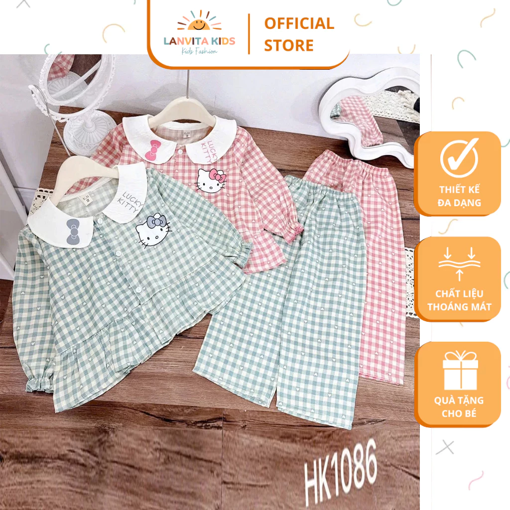 Set Đồ Ngủ Bé Gái Kẻ Caro Hello Kitty Dễ Thương, Chất Cotton Mềm, Dài Tay Thoáng Mát Cho Bé 9–44kg