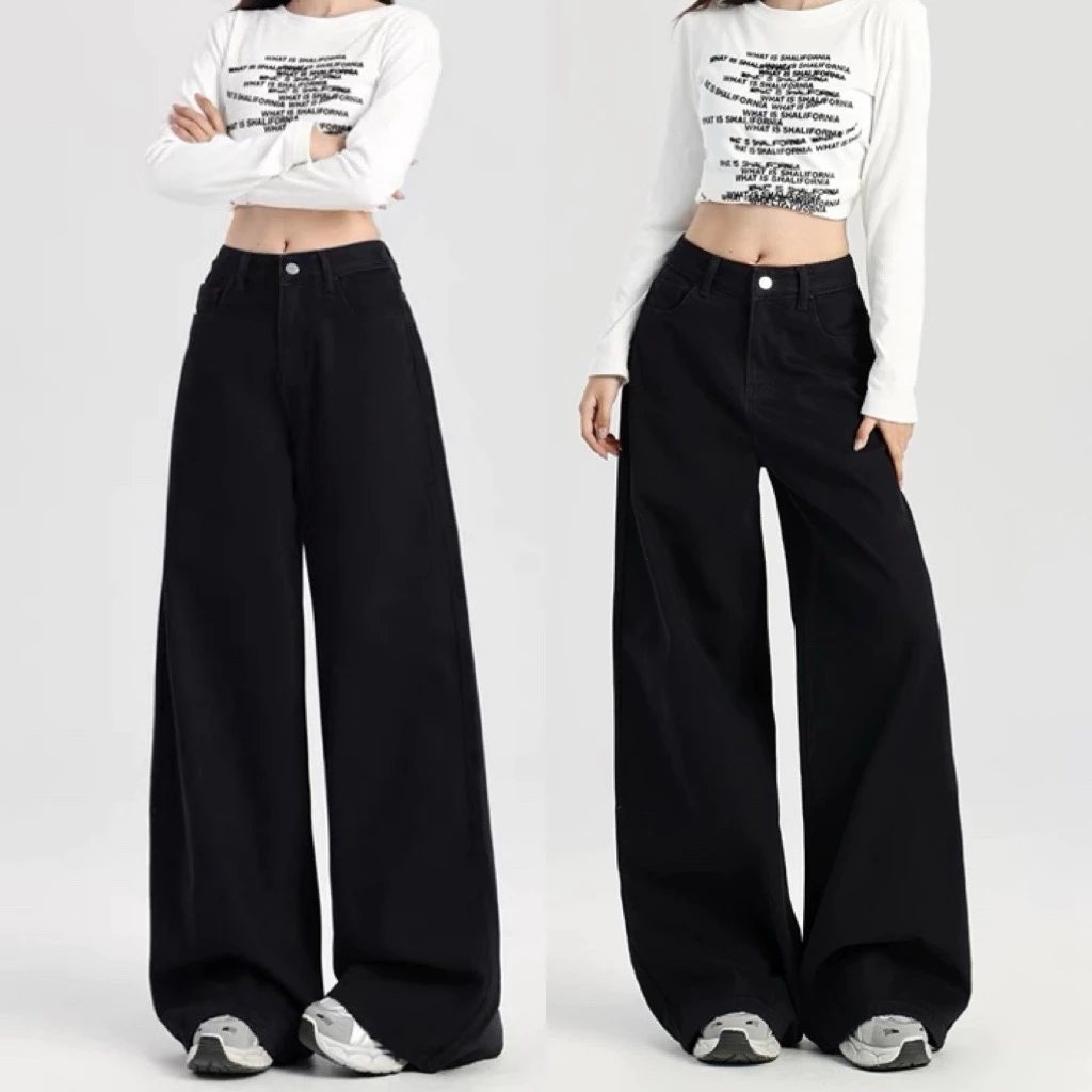 Quần bò suông đen trơn lưng cao chất jeans denim phom dáng ống rộng dễ mặc tôn dáng