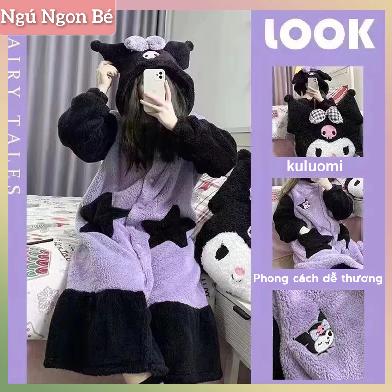 Đồ Ngủ Kuromi, Thiết Kế Động Vật Hoạt Hình San Hô, Dễ Thương Và Ấm Áp, Áo Choàng Có Mũ Trùm Đầu, Thích Hợp Cho Mùa Đông