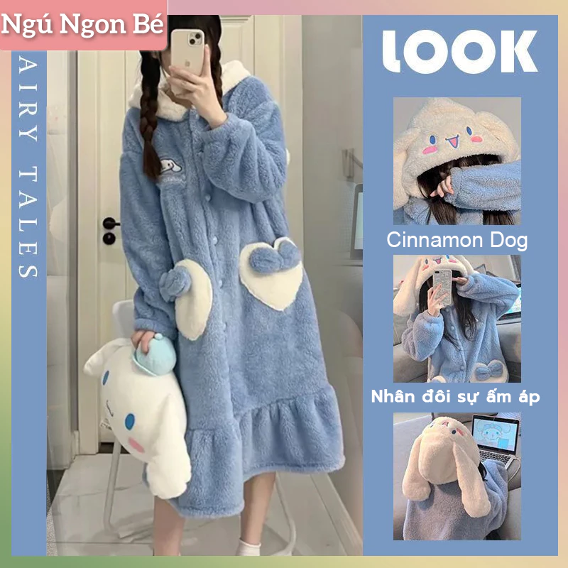 Bộ Đồ Ngủ Nữ, Dài Trung Bình Ấm Áp, Lông Cừu Nhồi Bông Dễ Thương, Dáng Rộng Vừa Vặn, Có Mũ Trùm Đầu, Váy Ngủ