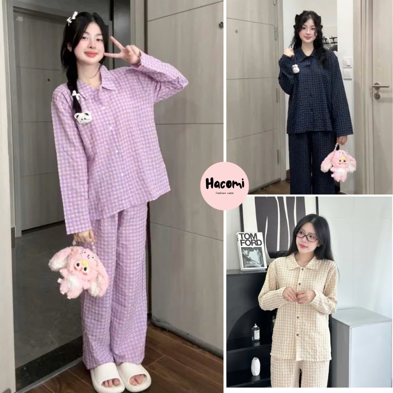 Đồ bộ mặc nhà cho nữ tay dài không viền in họa tiết dễ thương - Set đồ ngủ pijama caro mặc nhà chất mềm mịn
