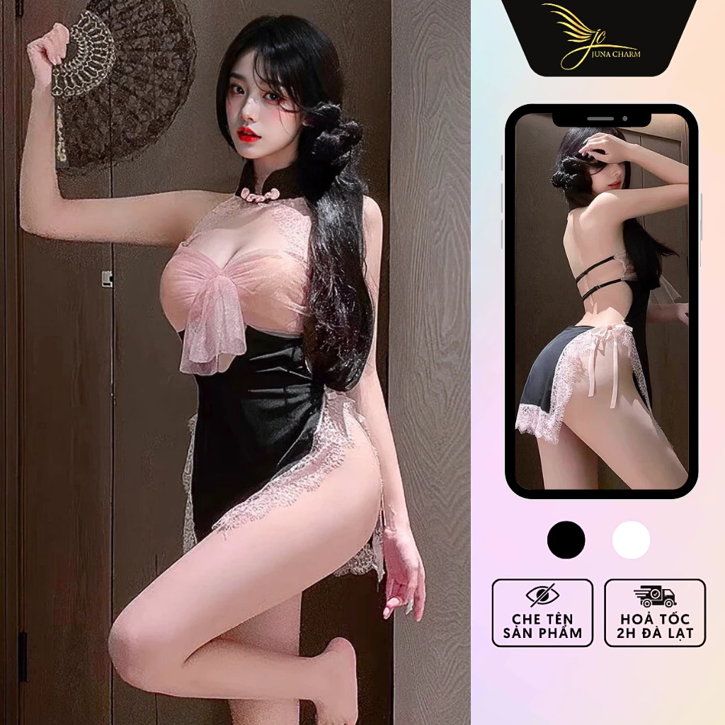 Cosplay Trung Hoa, Bộ Váy Ngủ Hóa Trang JUNA Freesize Thời Trang Đồ Ngủ Dành Cho Nữ, Chất Thun Phối Voan, Màu Đen/SP2001