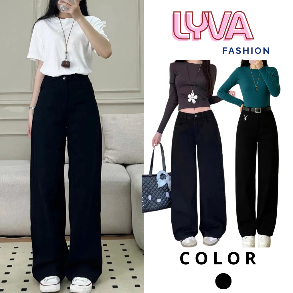 Quần Suông Nữ Kaki MÀU ĐEN trơn – Quần Jean Kaki Ống Rộng Baggy Cạp Cao Hack Dáng - LyVa Fashion