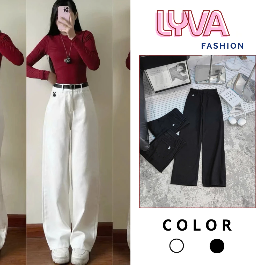 Quần kaki nữ ống suông thêu thỏ siêu xinh, form suông cạp cao tôn dáng, quần dài basic hot trend - LyVa Fashion