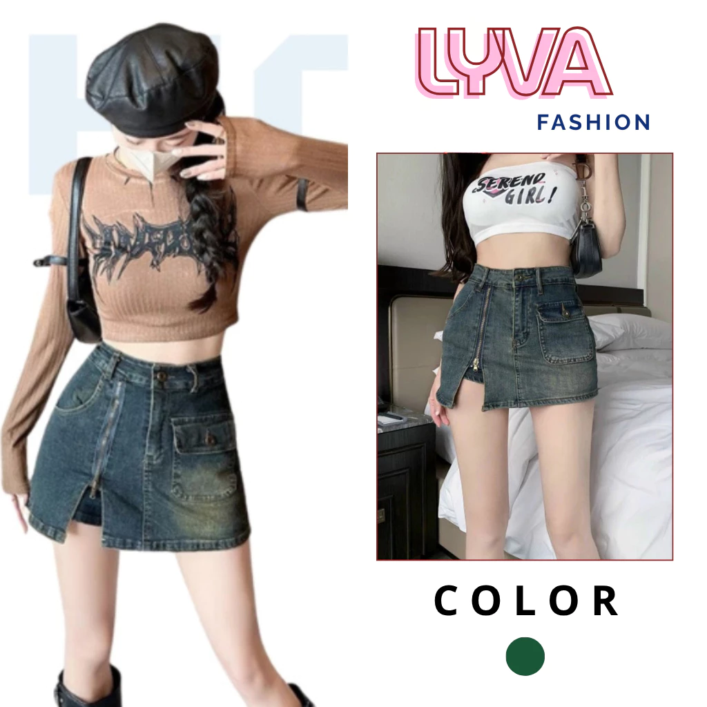 Chân váy jean ngắn chữ A có quần trong, dáng Y2K phối túi nắp khóa kéo hông, màu xanh cá tính - LyVa Fashion