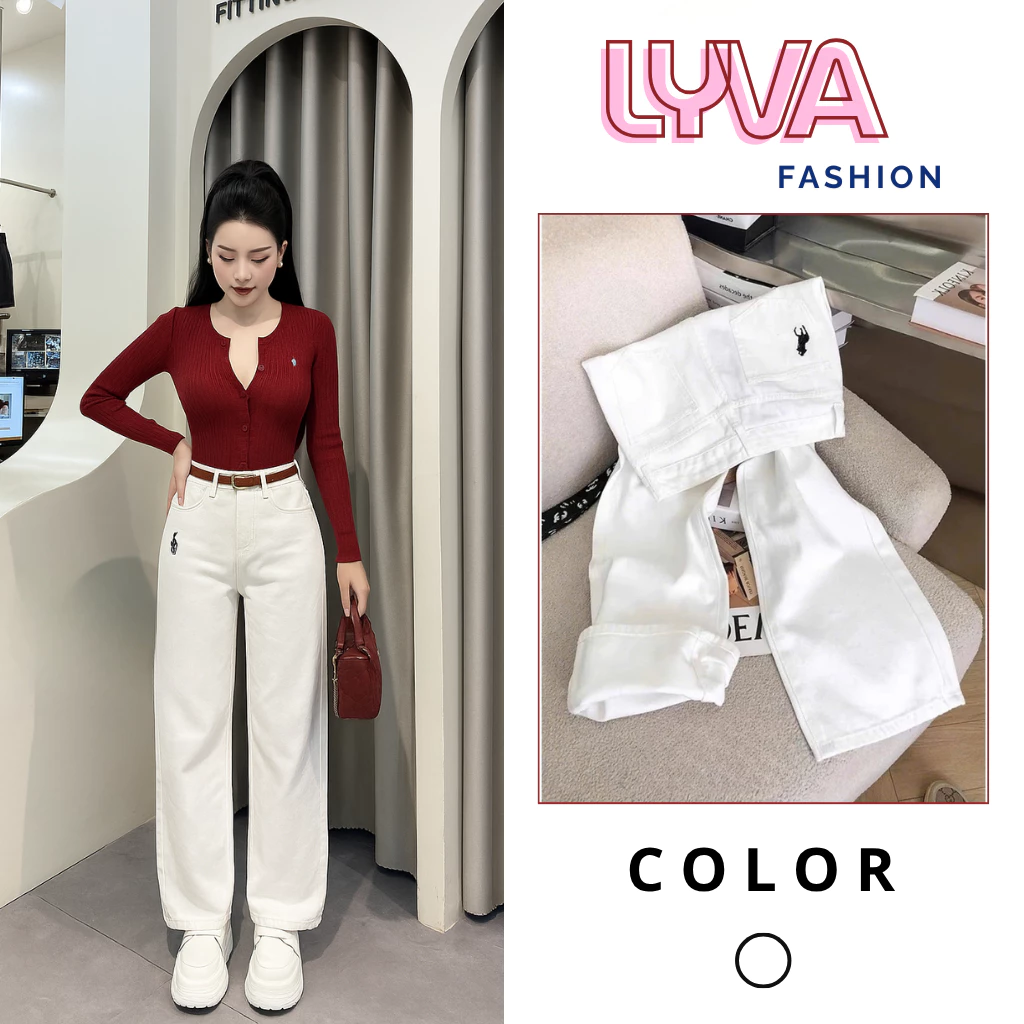 Quần kaki nữ ống suông thêu ngựa sang chảnh, quần cạp cao form suông tôn dáng, dễ phối đồ - LyVa Fashion