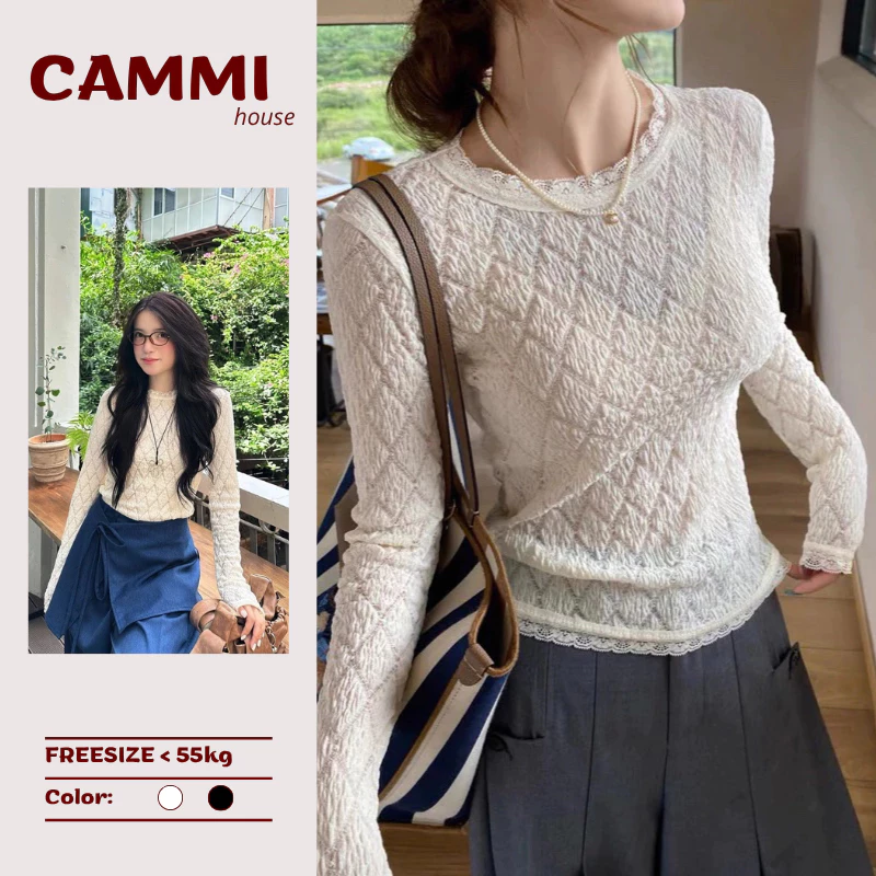 Áo Len Thun RELA TOP Xốp Dài Tay Phối Ren Hoạ Tiết Trám màu kem nhẹ nhàng dễ mix đồ HA398