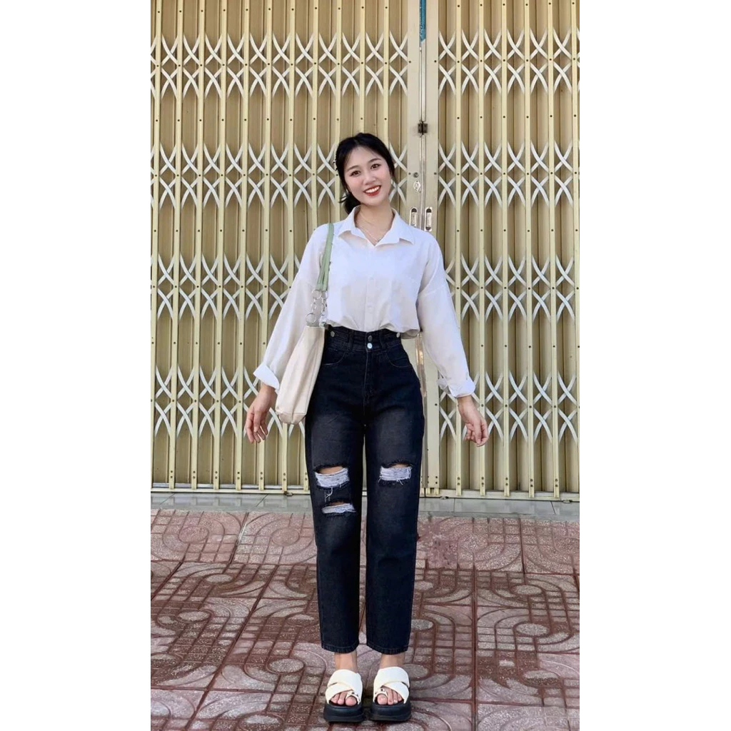 Quần baggy nữ ống đứng,Quần jean rách lưng siêu cao