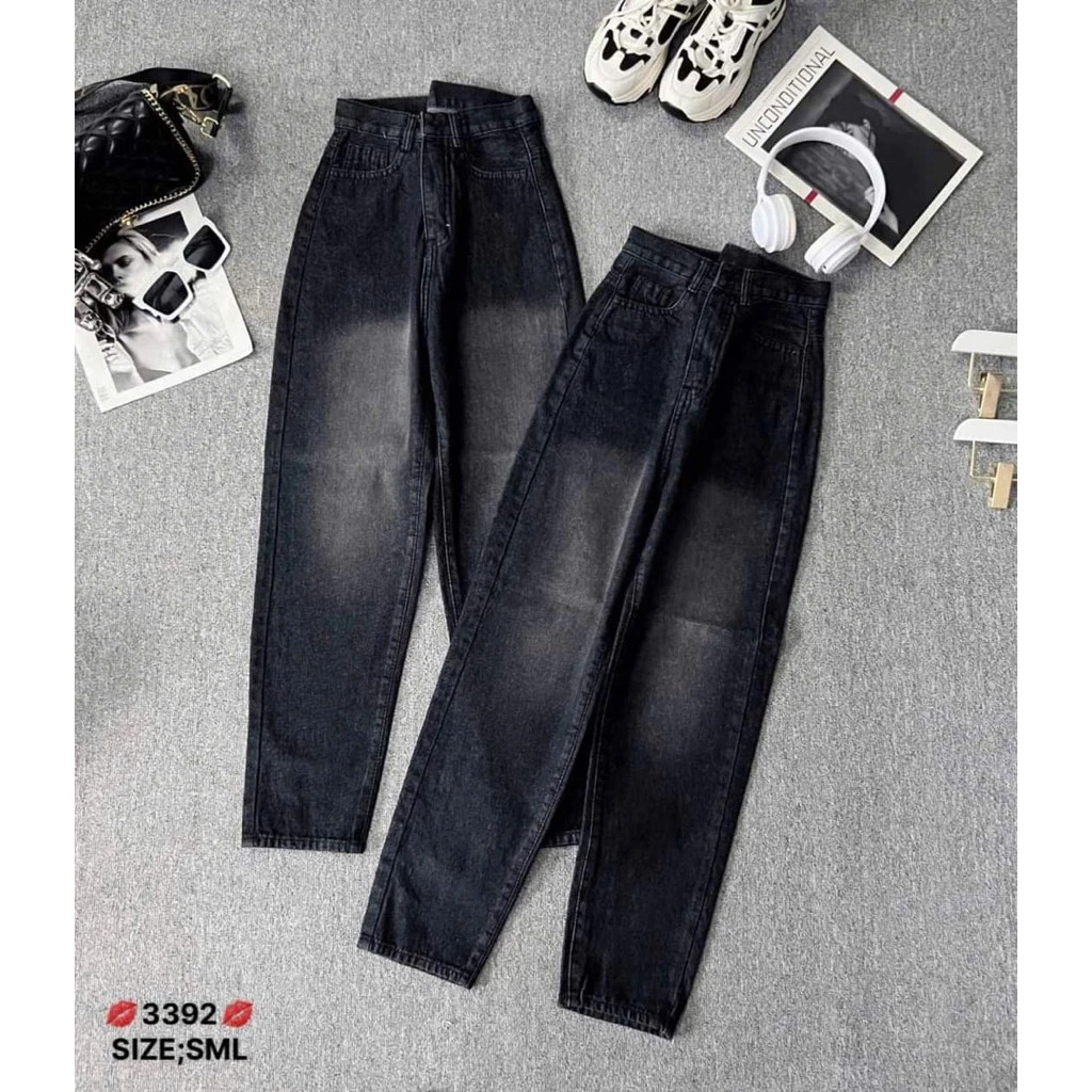 Quần bò ống đứng cạp cao đơn giản,Quần jeans baggy basic dáng vừa