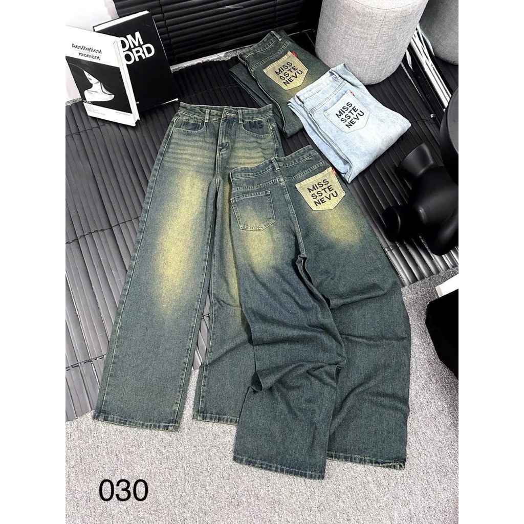 Quần jean nữ ống suông thêu túi sau,Quần bò nữ cạp cao ống rộng tôn dáng
