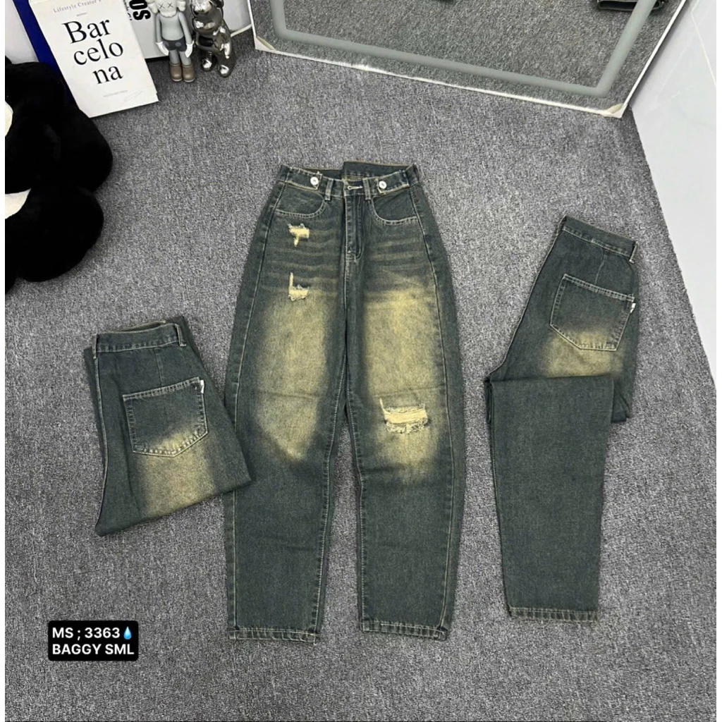 Quần jean baggy rách gối màu xanh bụi,Quần bò nữ cạp cao dáng boy
