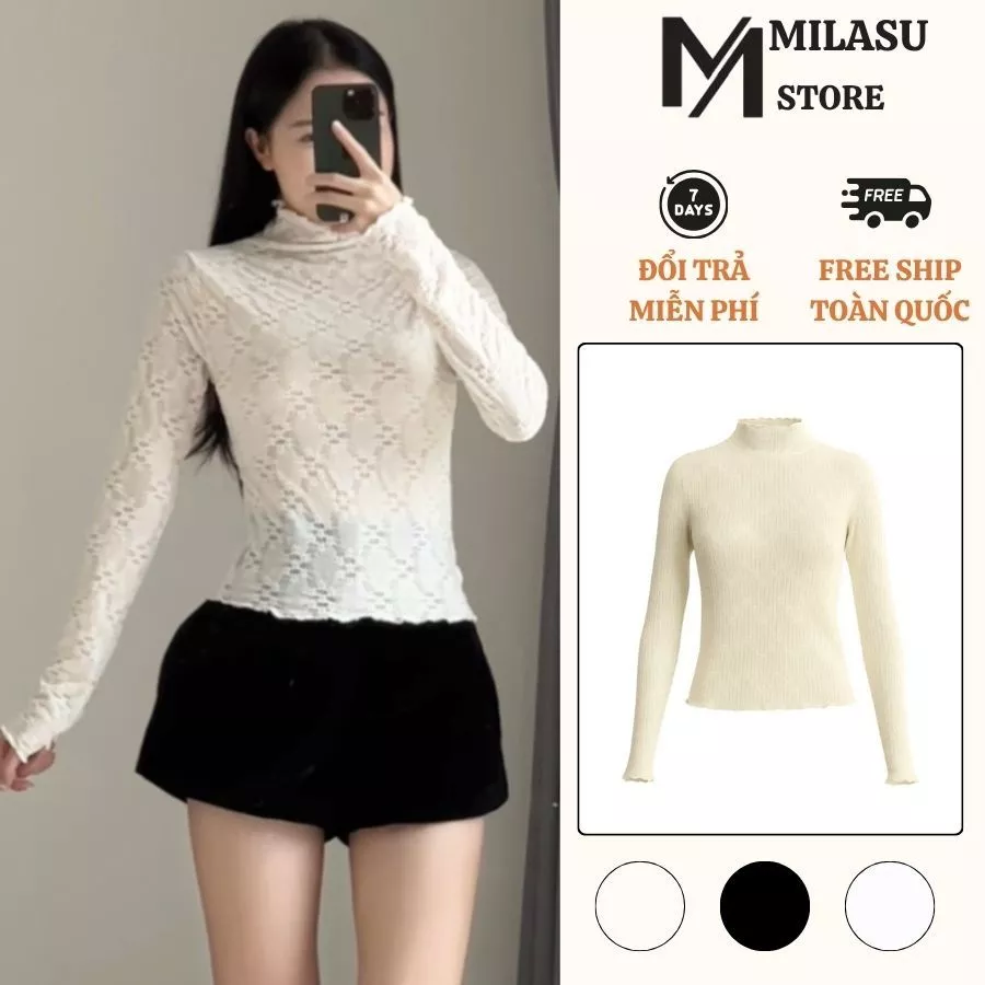 Áo Ren Lưới Cổ Cao Họa Tiết  MILASU Áo nữ Dài Tay Ôm Body Mềm Mại 348