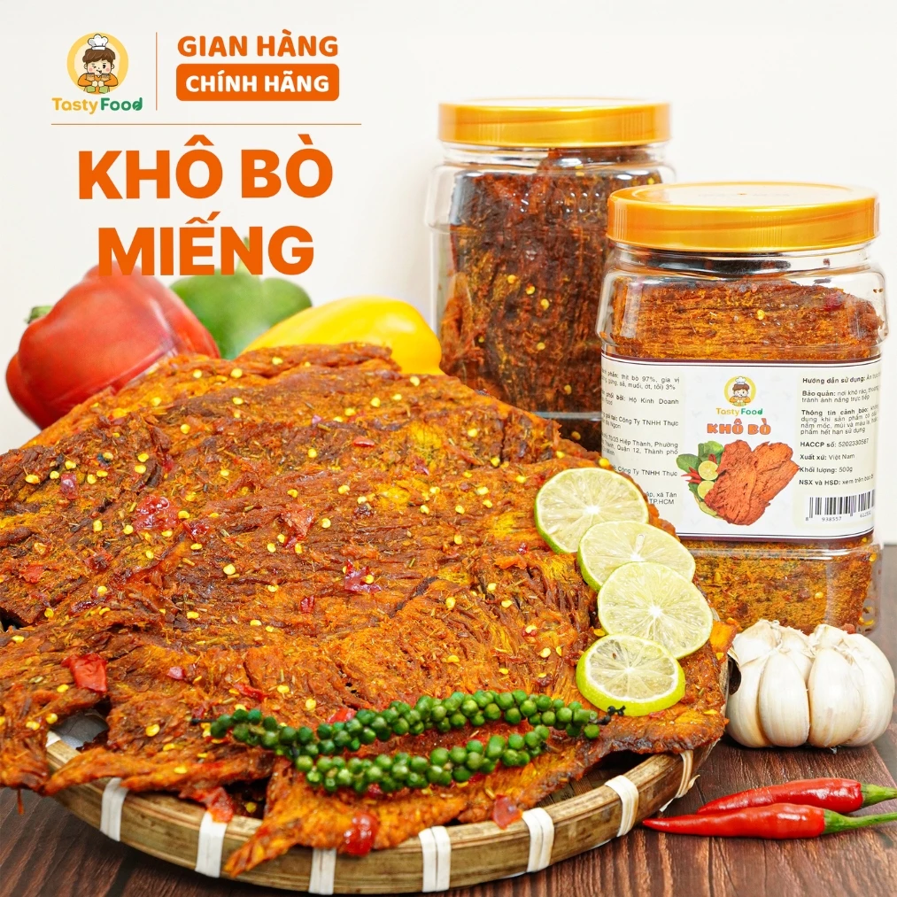 Khô bò miếng Tasty Food - Hũ vuông 500g