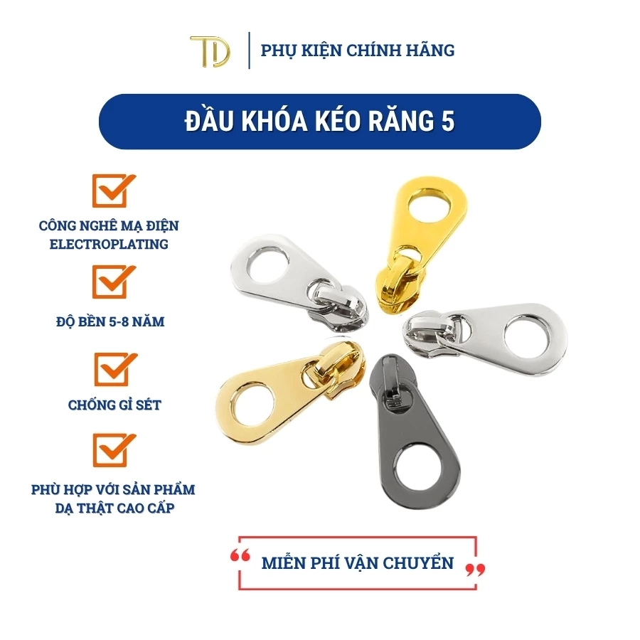 Set 5 Đầu Khóa Kéo Răng 5 Kim Loại Không Rỉ Cho Túi Xách, Balo, Quần Áo Gian Giành Cho Nam và Nữ