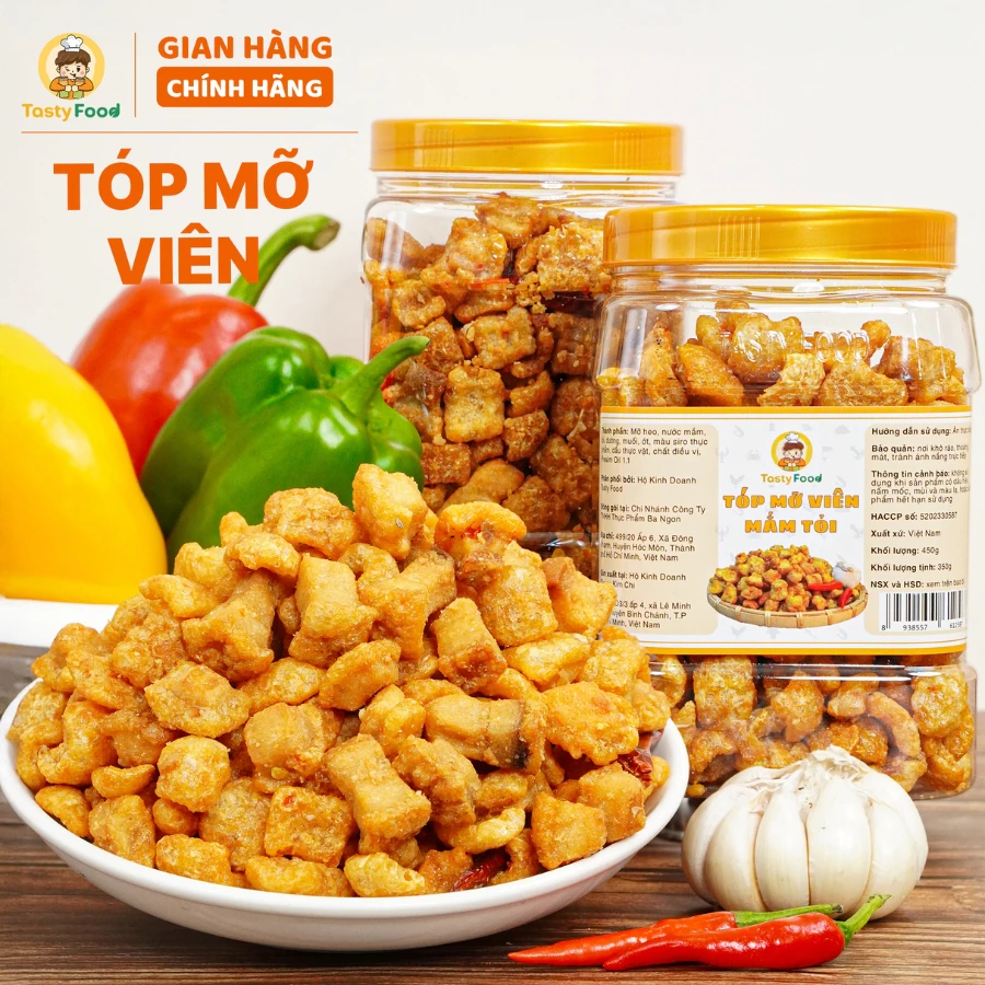 Tóp mỡ mắm tỏi viên giòn Tasty Food - Hũ vuông 450g
