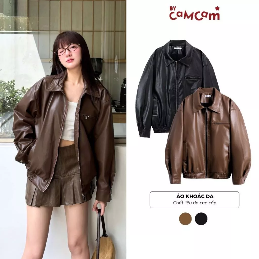 Áo Khoác Da Tay Dài 𝑩𝒚𝒄𝒂𝒎𝒄𝒂𝒎 Kèm Túi Trong Da Cao Cấp Phong Cách Retro Cổ Điển AKHD008