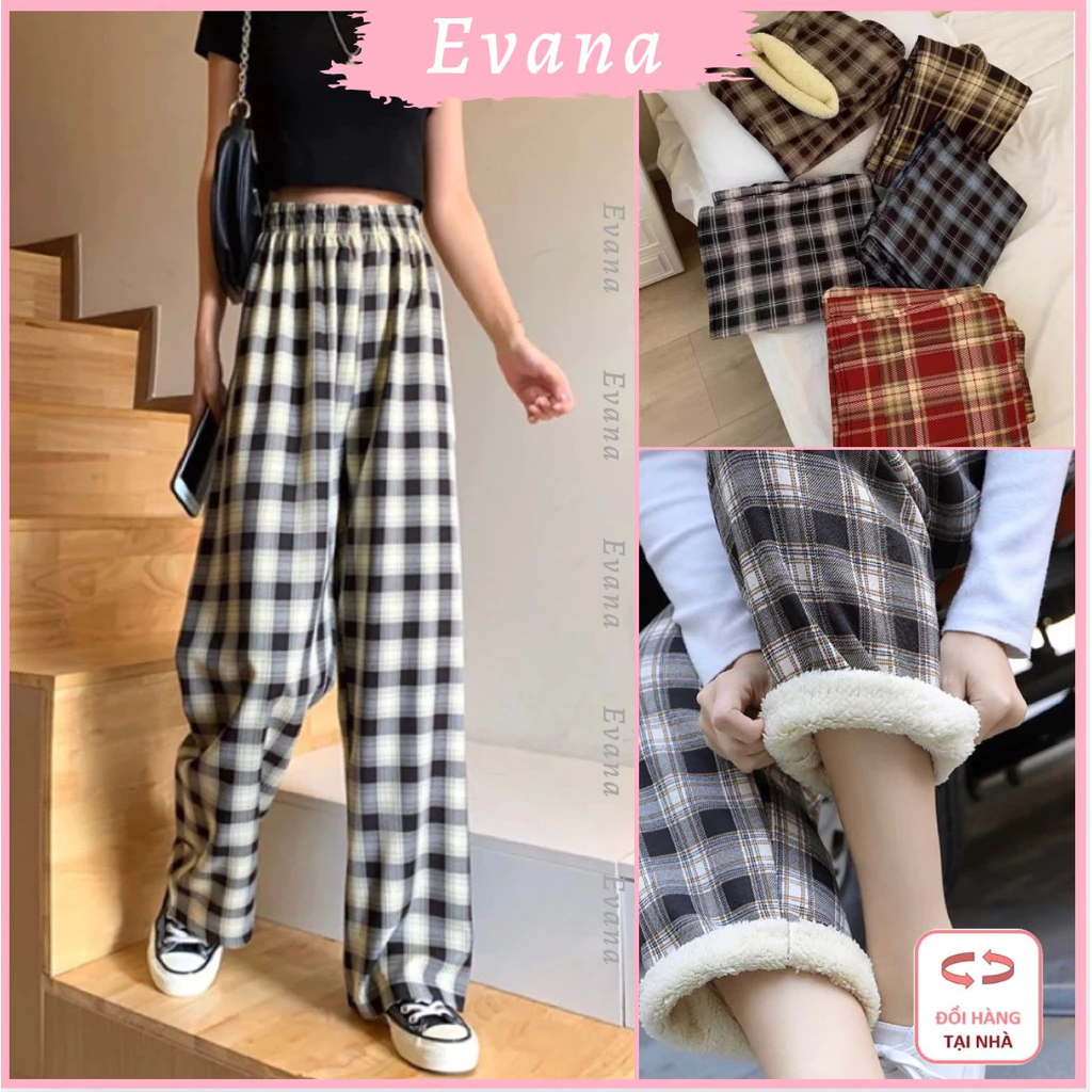 [GIÁ TỐT- ĐẸP 300g] Quần Kẻ Lót Lông Nhiều Màu, Quần CaRô Nữ Ống Rộng Lót Lông Dáng Suông Giữ Nhiệt Mùa Đông Kẻ Sọc QL16