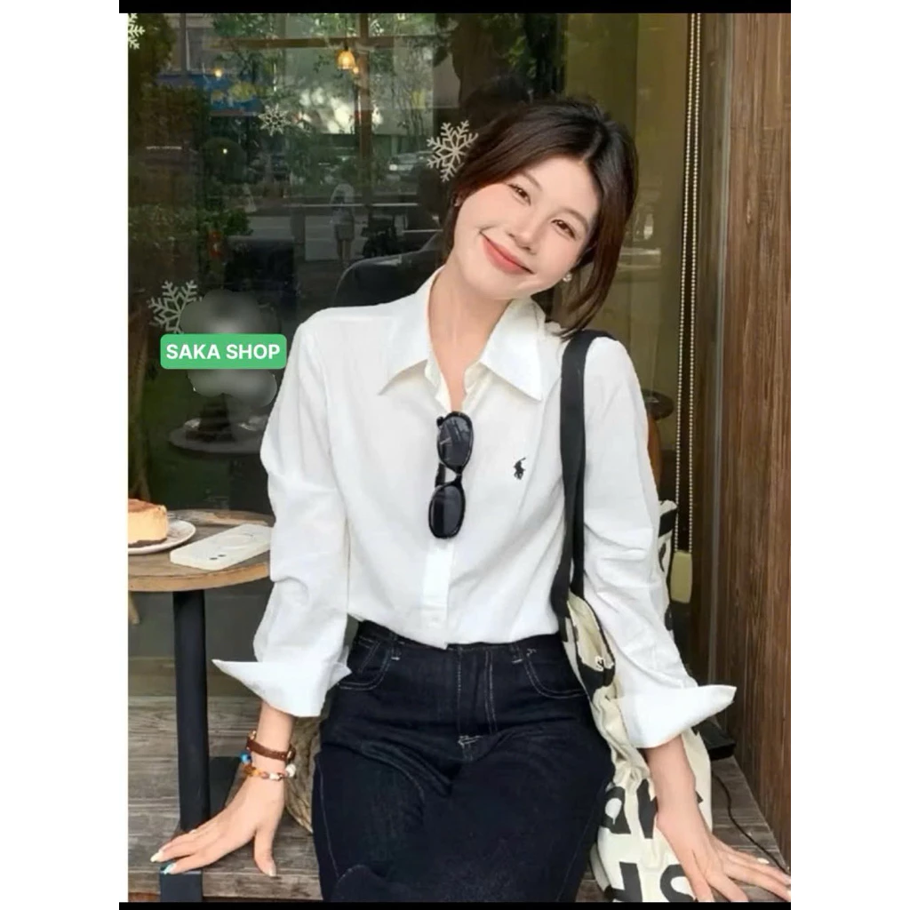 Áo sơ mi trắng from rộng tay dài nữ thêu ngựa vải cotton lụa
