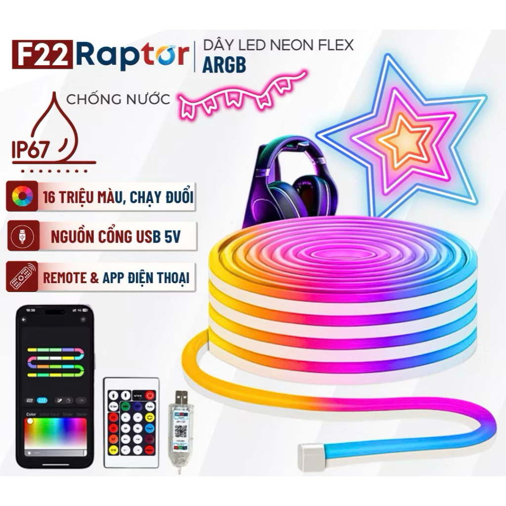 Đèn Led Neon FLex ARGB Uốn Dẻo USB DC 5V 16 Triệu Màu Chạy Đuổi Chống Nước kèm khiển và phụ kiện