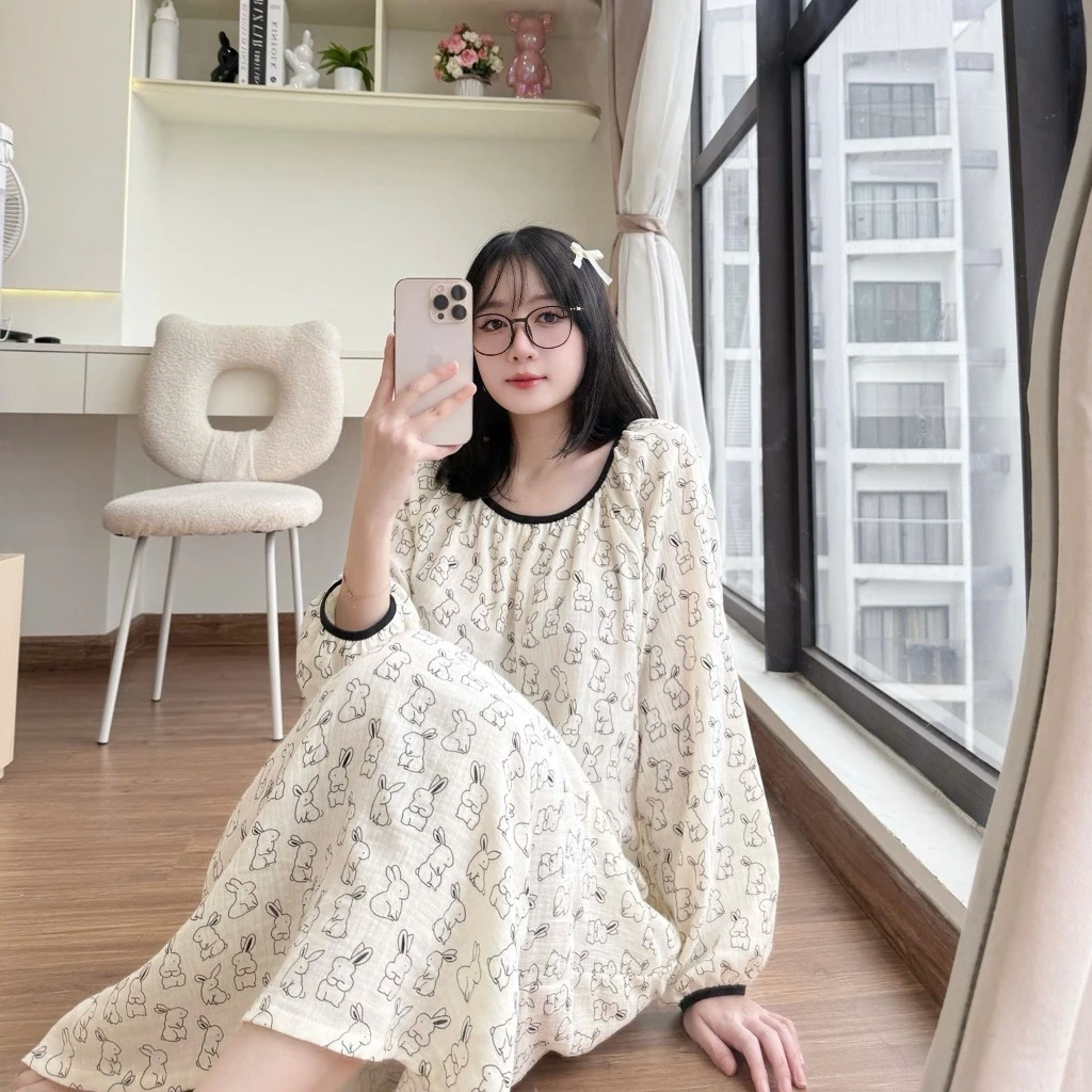 Đầm xô Muslin nữ dáng dài suông rộng – mặc nhà đi chơi, bầu mặc được – họa tiết vintage xinh xắn NT15 - Đồ ngủ Nana
