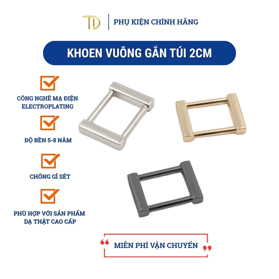 Set 2 cái khoen vuông, khoen quai túi xách 2cm kim loại không gỉ dùng cho cặp da, túi xách