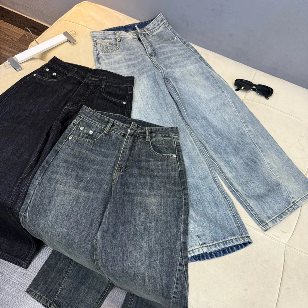 (95cm) Quần jean nữ suông nấm trơn bacsic . Jean ko giãn . Đủ Size S/M/L  ( S01 - quần suông nấm ) 7400