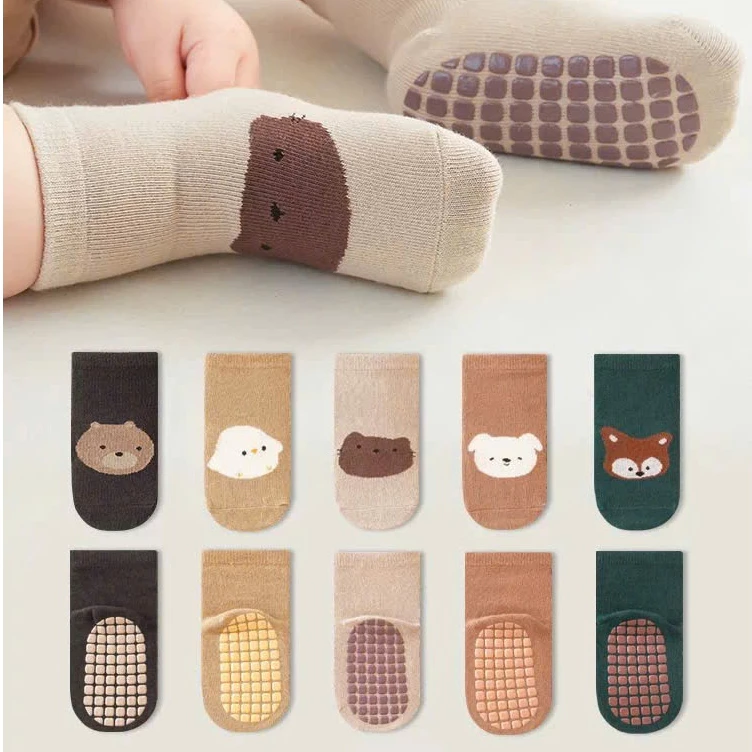 Set 5-10 Đôi Tất, Vớ Chống Trơn Trượt Chất Len Cotton Ấm Áp In Hình Gấu Cho Bé Trai Bé Gái 0-3 Tuổi