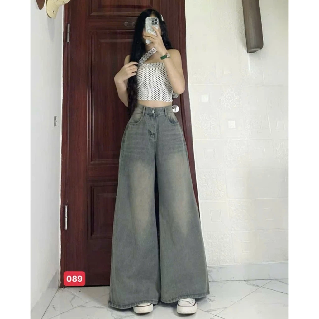 Quần jean Nữ Suông Lưng Cao, Quần Baggy Jean Nữ Ống Rộng chất bò không giãn thời trang trẻ trung 089