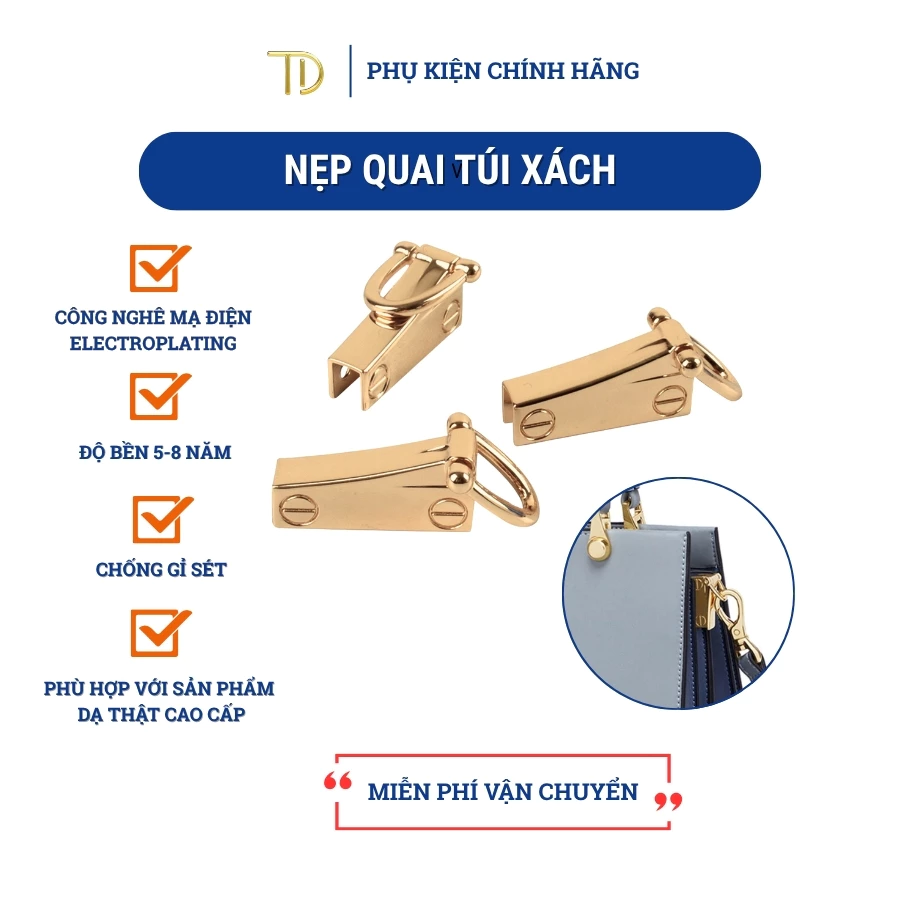 Nẹp túi xách, khoen d túi xách, khoen quai túi xách, công nghệ mạ điện độ bền 5 - 8 năm