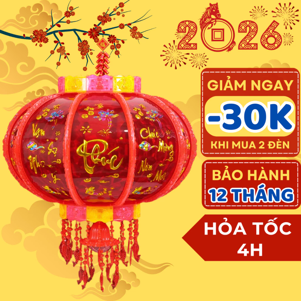 Đèn lồng điện trang trí Tết 2026 mẫu mới bản chữ Việt, lồng đèn điện xoay 360 độ đèn led nhấp nháy
