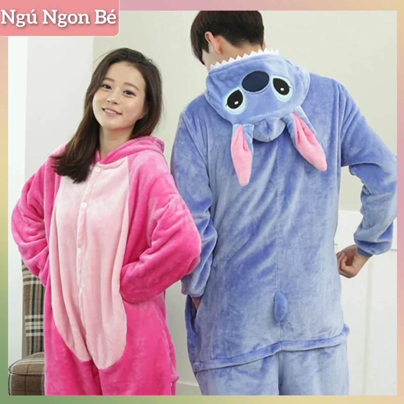 Đồ liền thân người lớn Đồ đôi cho cặp đôi và gia đình Stitch xanh hồng Đồ ngủ có mũ bằng vải nhung san hô