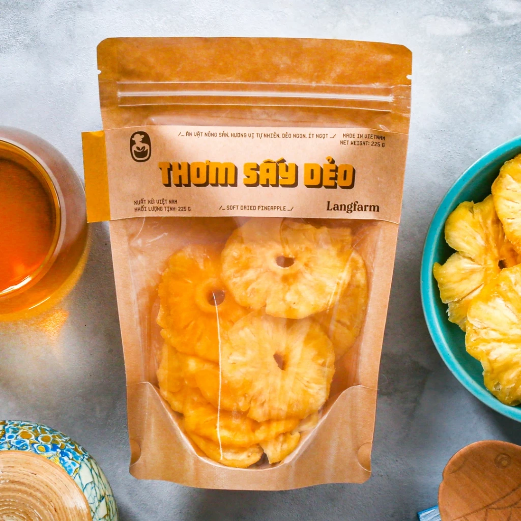 Thơm sấy dẻo đặc sản Langfarm - Ăn vặt nông sản, hương vị tự nhiên, dẻo ngon, ít ngọt