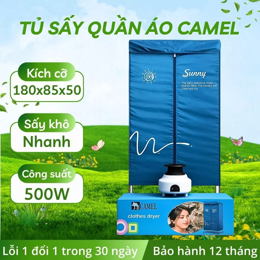 Tủ sấy quần áo Camel size to, máy sấy 2 tầng gấp gọn 1.8M, công suất 500W sấy nhanh, bh 12 tháng