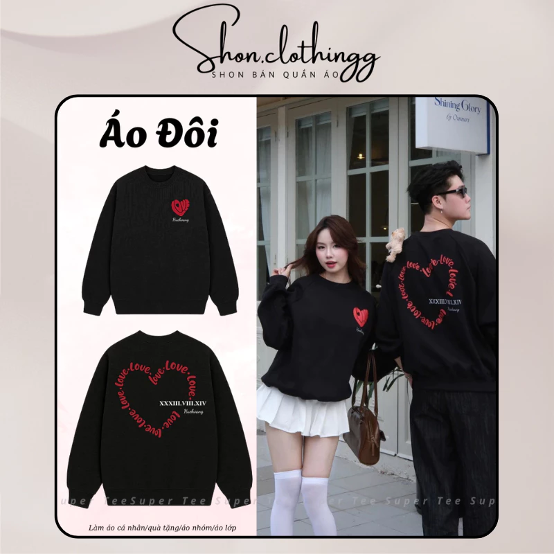 Áo Sweater Trái Tim Đỏ In Tên Theo Yêu Cầu Nỉ Chân Cua Dày Dặn Thoáng Mát Full Tem Tag Mạc