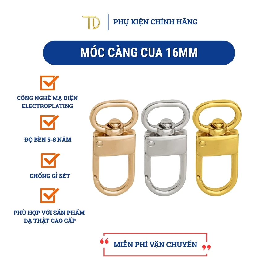 Móc càng cua gắn dây đeo túi xách, móc chó kim loại 16mm không gỉ phụ kiện làm túi, ví, handmade