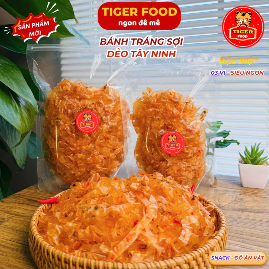Bánh Tráng Sợi Dẻo TIGER FOOD Bánh Tráng Tẩm Vị Dẻo Tôm - SIÊU CAY Đặc Sản Tây Ninh Cắt Sợi Ăn Liền - Đồ ăn vặt Snack