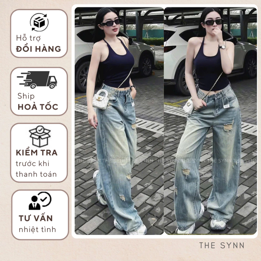 QJ12 (S-XL 101-103 cm) - Quần Jeans Nữ Ống Suông Rách Phối Nhăn Wash Loang The Synn