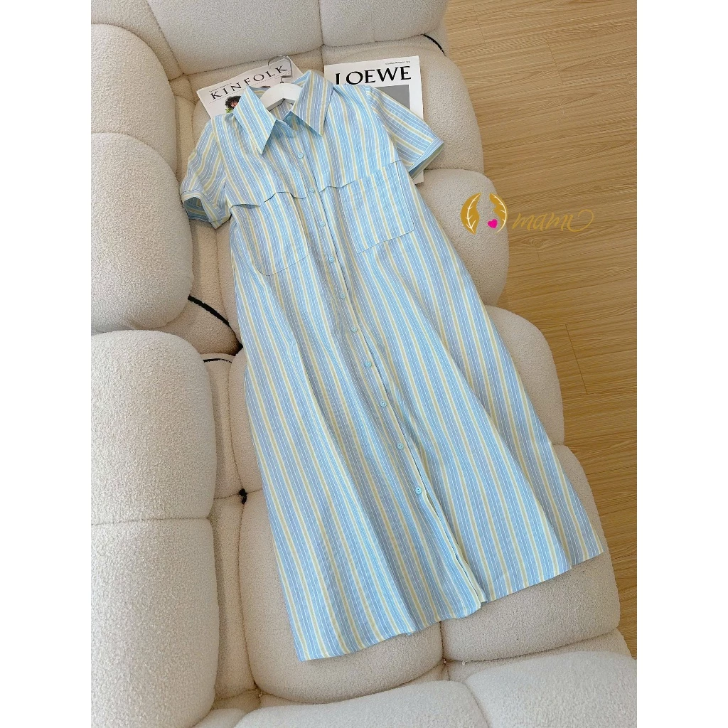 Đầm váy bầu công sở MAMI MS9931 thiết kế sơ mi kẻ xanh kẻ hồng trẻ trung cho mẹ bầu đi làm đi chơi sang, trẻ đẹp