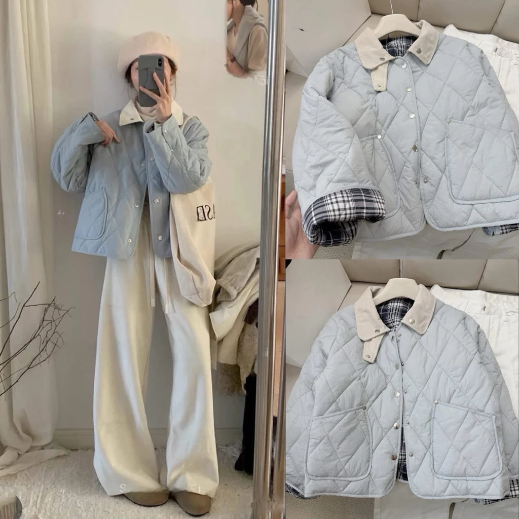 𝐂𝐡𝐚𝐫𝐥𝐨𝐭𝐭𝐞.𝐨𝐝_[KÈM ẢNH THẬT] Áo Khoác Phao Nhẹ Nữ Màu Xanh Nhạt Cổ Phối Kem Lót Caro Trần Bông Ấm Áp