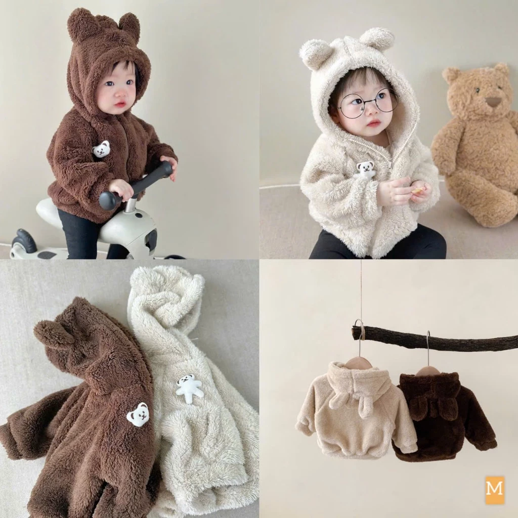 (QCCC) Áo khoác lông có mũ cho bé mềm mịn phong cách hàn quốc