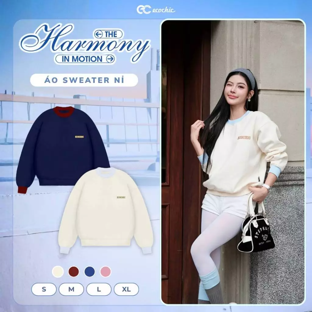 Áo Sweater Nỉ Bông ECOCHIC Cổ Tròn Basic Phối Tay Chất Liệu Cao Cấp Mềm Mịn Chính Hãng HNH B196