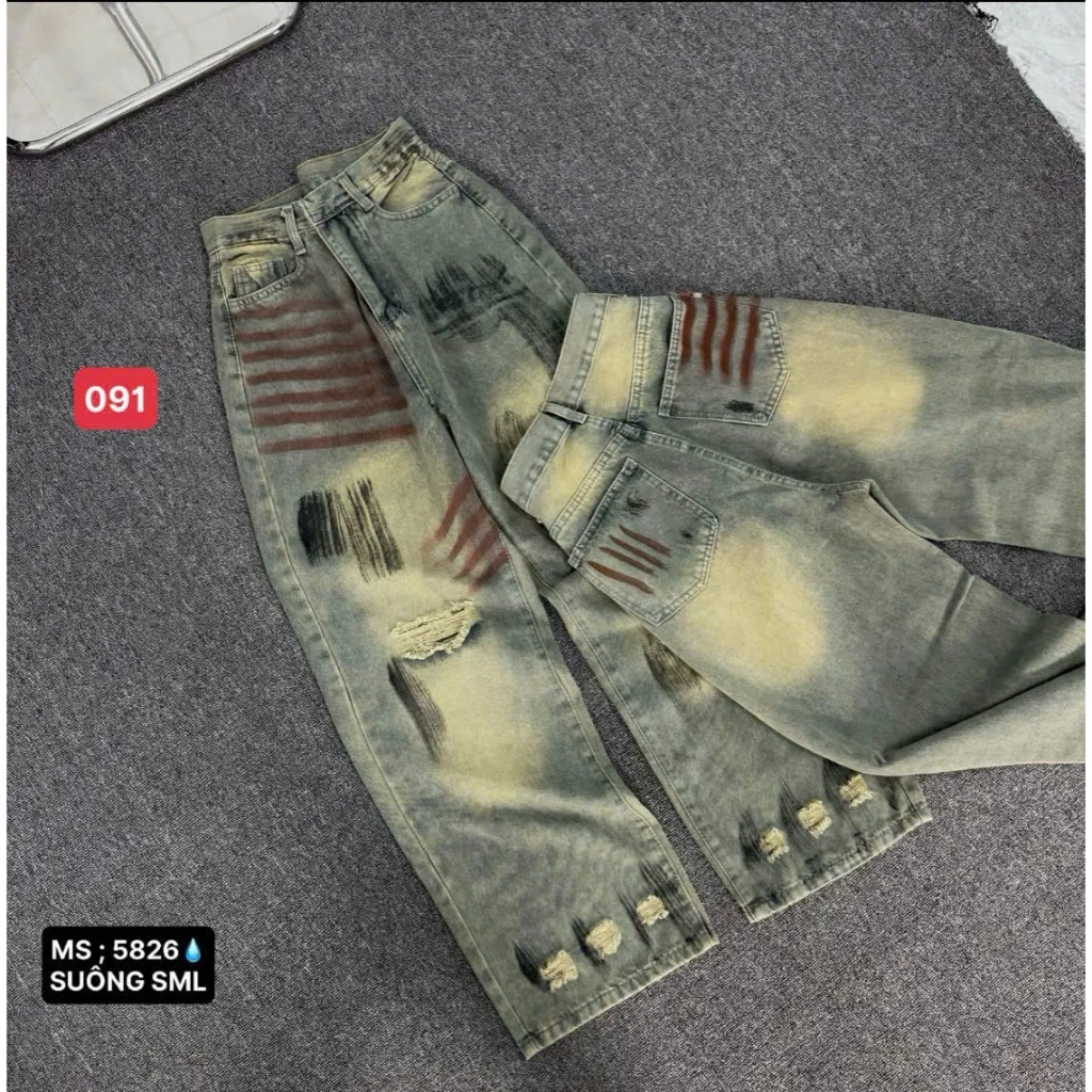 Quần Jean Suông Rách Bụi, Quần Baggy Jean Nữ Lưng Cao Chất Bò không co giãn phong cách cá tính - 091