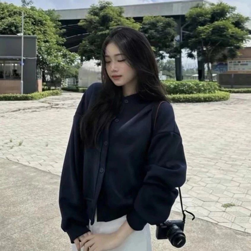 Áo Khoác Nỉ Cardigan Nữ Dáng Boxy Basic Phong Cách Hàn Quốc, Mặc Đi Học Đi Làm Đều Xinh