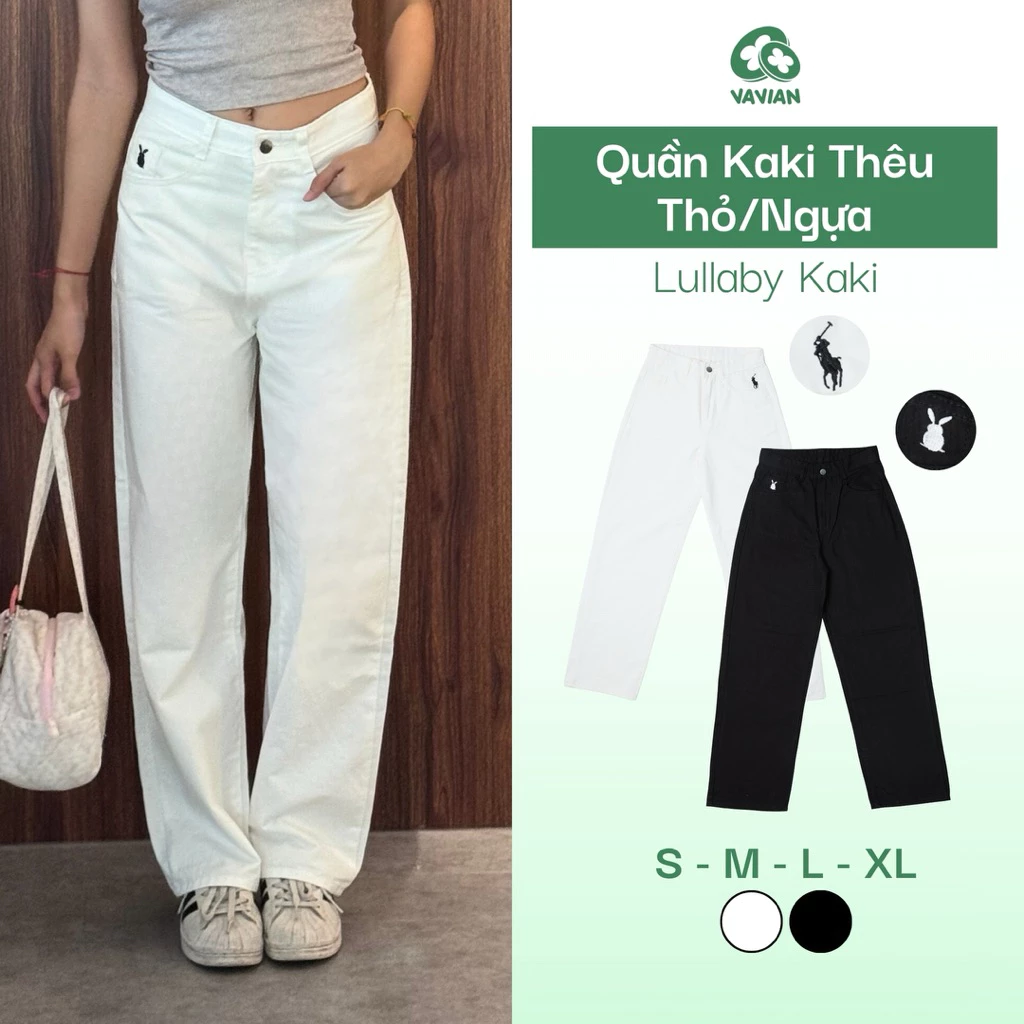 Quần kaki nữ ống suông, quần dài Trắng nữ thêu logo ngựa, thỏ lưng cao hack dáng, phong cách năng động trẻ trung