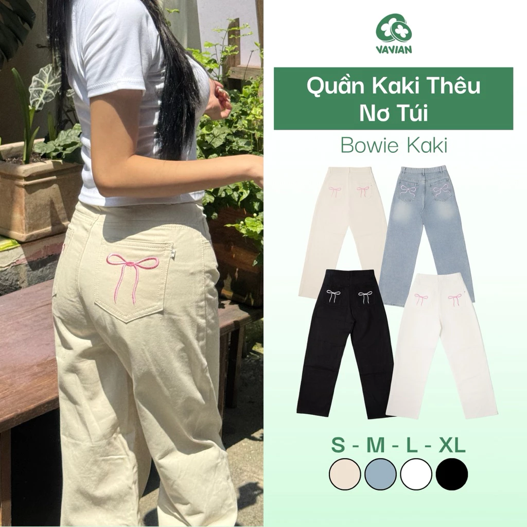 Quần Kaki Trắng, quần suông nữ, quần ống rộng nơ dáng đứng lưng cạp cao thêu nơ hồng phong cách 2025